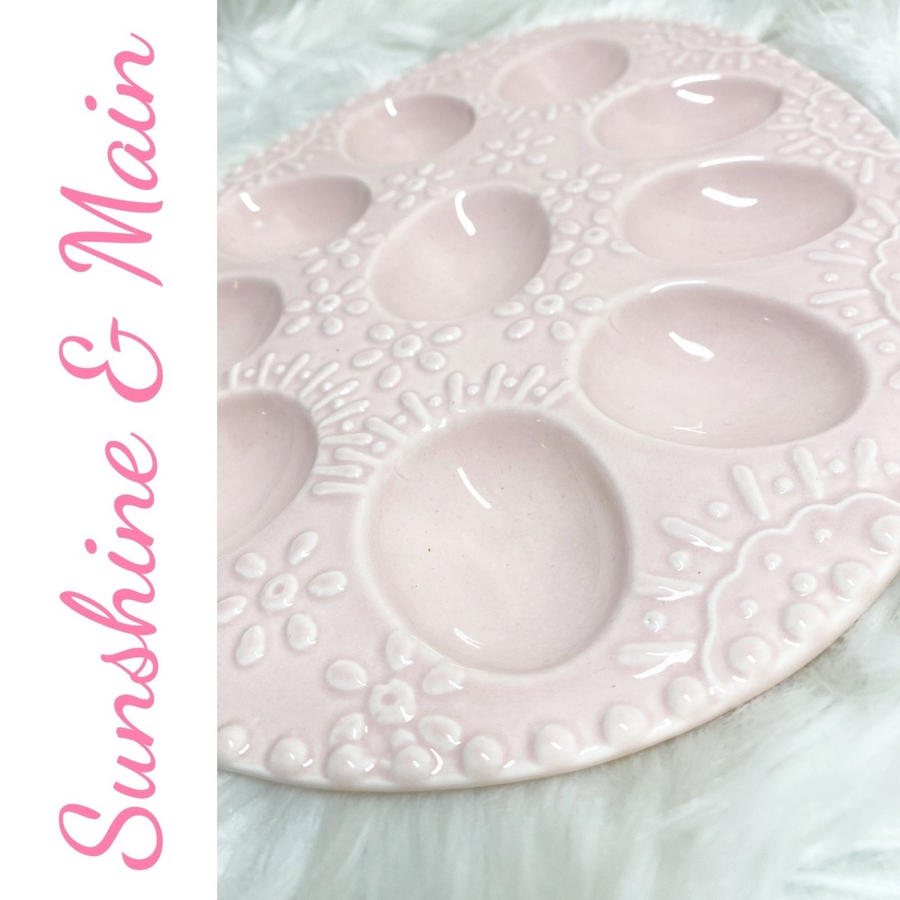 Sunshine & Main Pink Ceramic Egg Shaped Deviled Egg Platter Embossed Floral Tray - Picture 7 of 10